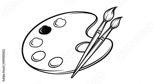 Paintbrushes set with palette and black paint dots, illustration, monochrome, artistic tools featuring paintbrush, painting, art with creativity and drawing elements for painting supplies, brushes