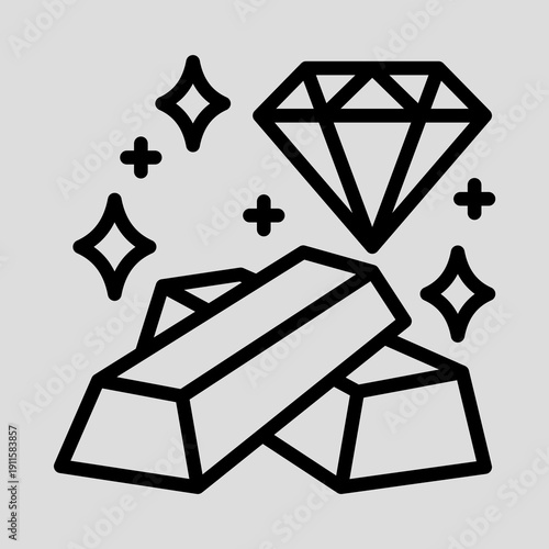 Outline illustration of sparkling diamond and two gold bars representing wealth and luxury.