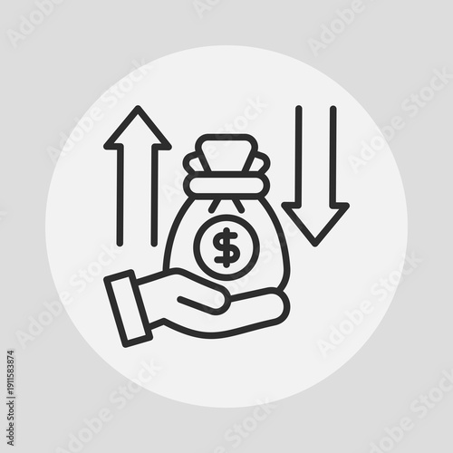 Hand holding a money bag with up and down arrows, symbolizing financial fluctuations and economic trends.