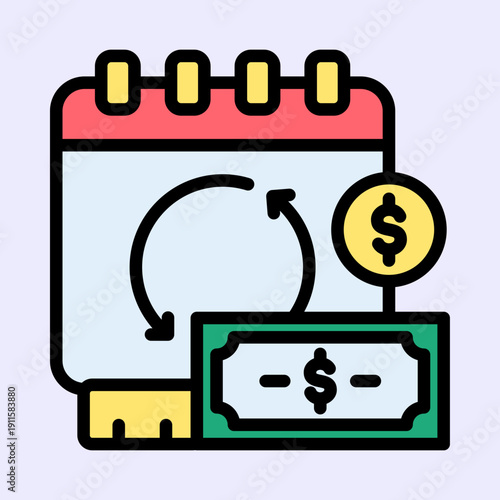 Illustration of a calendar with a recurring arrow symbol next to a dollar bill and coin, representing financial cycles and recurring payments.