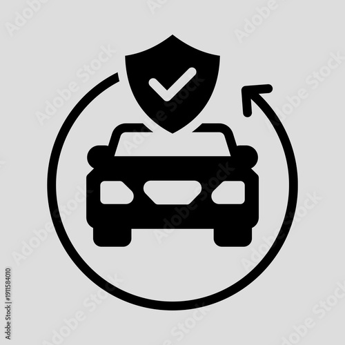 Car insurance and vehicle protection icon with a shield and checkmark, surrounded by a circular arrow indicating continuous service or renewal.
