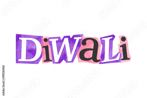 Diwali 2026 magazine cutout message clip art. Vector illustration with love, festive text in 90s design for sticker, print, badge