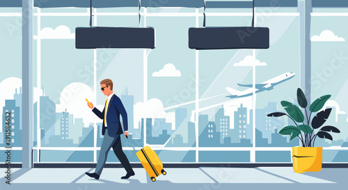 Modern business man walking with a suitcase at the airport in a city skyline vector illustration