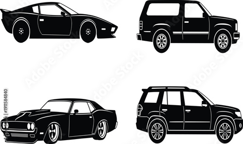 Black and white vehicle silhouettes set, muscle cars and modern SUVs collection, automotive transportation flat vector icons for automotive design and garage decor