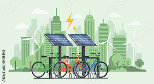 Sustainable city concept vector illustration with bicycles and solar panels powering the urban landscape