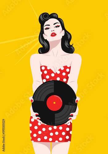 Retro Pin-up Girl Holding Vinyl Record - Vector Illustration of Vintage Music Style