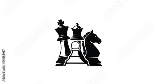 Chess pieces set with black queen, knight, and pawn icons in minimalist style featuring strategy, game, board game with silhouette and vector graphics elements for illustration, monochrome projects,