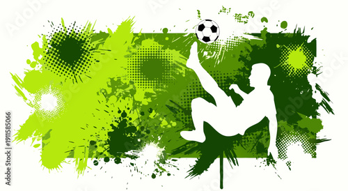 dynamic soccer player performing bicycle kick illustration, dynamic action, green abstract background vector art