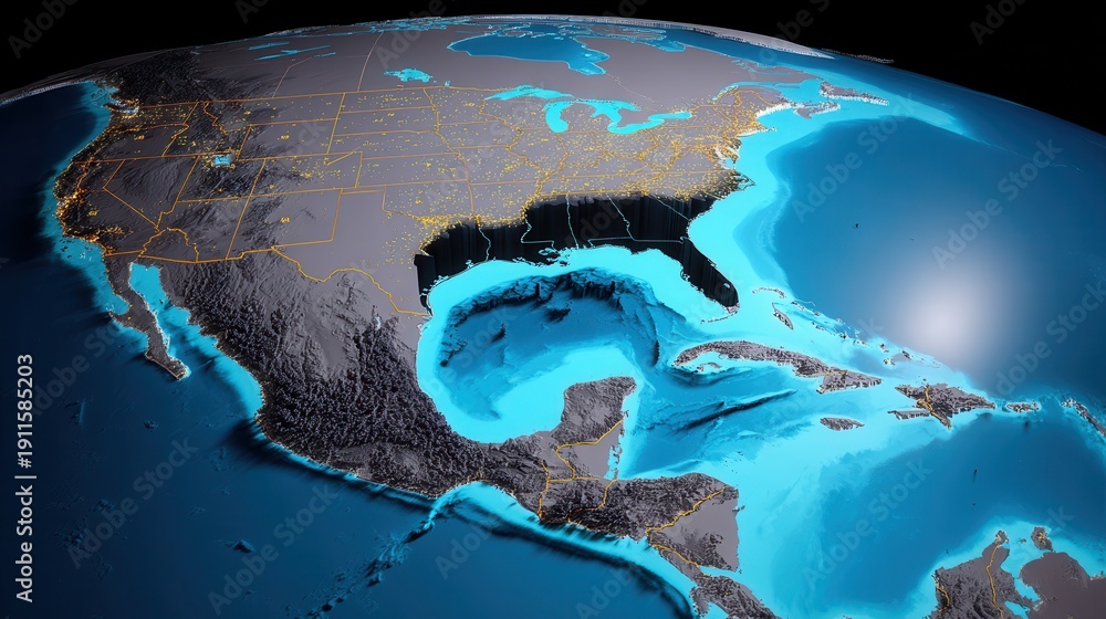 Fototapeta premium Vivid depiction of the American continent showing detailed landforms and waters highlighting the Gulf of Mexico under atmospheric lighting conditions