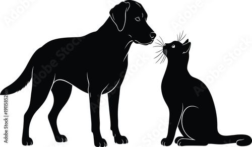 Black dog and cat silhouette looking at each other with curiosity and friendship cad drawing flat vector illustration for domestic pet care concept