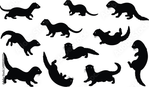 Black ferret and otter silhouette collection with weasel and marten animals, cad drawing flat vector illustration, isolated on white background, wildlife set
