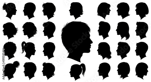 Collection of Diverse Human Head Silhouettes Facing Right.