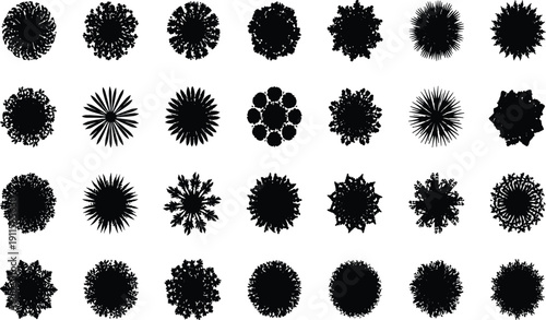 Black tree top view silhouette collection for landscape architecture plan, cad drawing flat vector illustration, isolated on white background, garden plant symbols