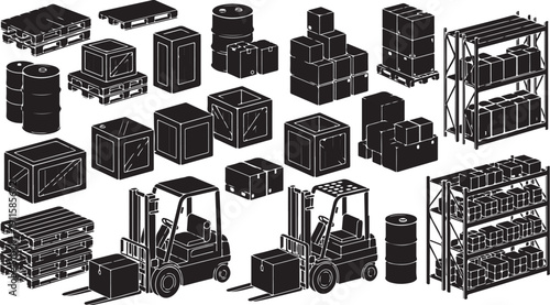 Warehouse Storage and Logistics Industrial Equipment Illustration Set