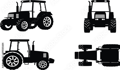 Black silhouette tractor set with side, front, and top view, heavy agricultural machinery for farming industry, cad drawing flat vector illustration, isolated icons