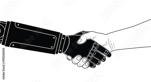 Human hand firmly shaking a dark robotic prosthetic arm symbolizing technology partnership and future integration