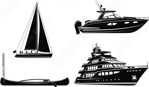 Collection of boat silhouettes including luxury yacht sailboat motorboat and canoe icons, marine transportation set, cad drawing flat vector illustration, isolated on white