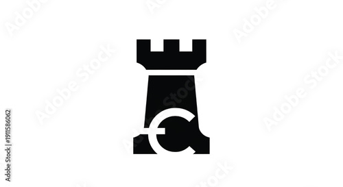 Tower icon with circular arrow symbol at bottom center, black on white background featuring castle, recycling, renewal with simple and graphic elements for logo, fortress projects, clean composition