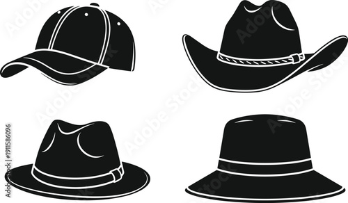 Collection of different hat silhouettes including baseball cap cowboy hat fedora and sun hat cad drawing flat vector illustration for fashion design projects