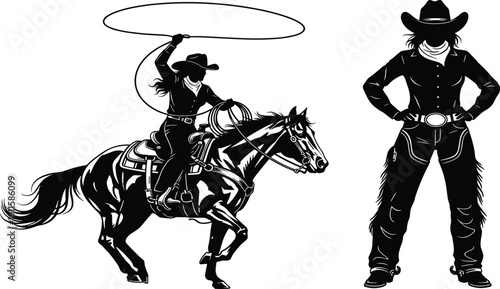 Cowgirl riding horse with lasso silhouette and standing western woman, wild west ranch life, cad drawing flat vector illustration, isolated on white