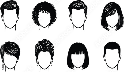 Hairstyle silhouettes for men and women, barber and salon hair icons, various haircut styles, male and female avatar heads, cad drawing flat vector illustration