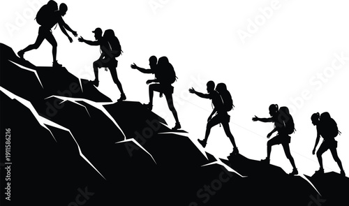 Group of hikers climbing steep mountain silhouette, helping hands teamwork concept, outdoor adventure trekking, cad drawing flat vector illustration, isolated on white