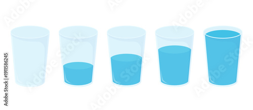 Set of five glasses of water with different filling levels from empty to full