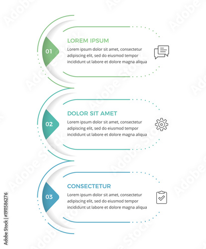 Vertical business infographic template with three numbered steps, rounded shapes, icons and text blocks