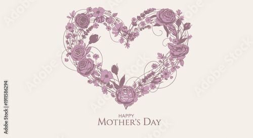 Vector pink floral heart Mother's Day card with roses and leaves on beige background