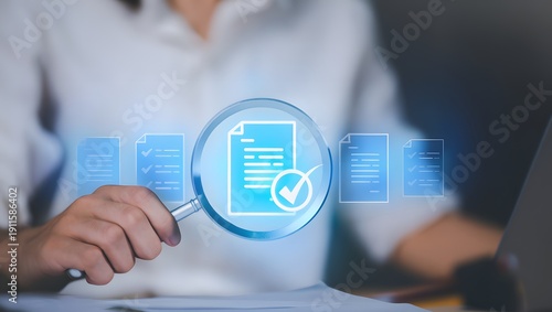 Businessman analyzing documents with magnifying glass and check mark icon, representing document verification, quality assurance, compliance review, and data validation process.
