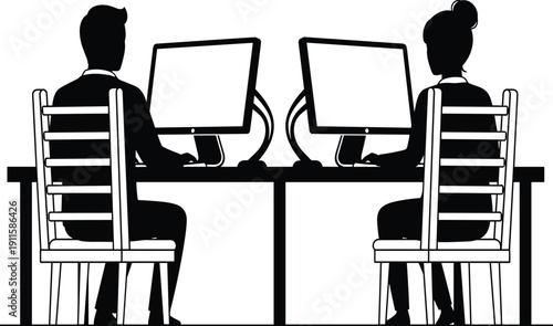 Man and woman sitting at desks working on computers in office silhouette cad drawing flat vector illustration for coworking space and business concept,