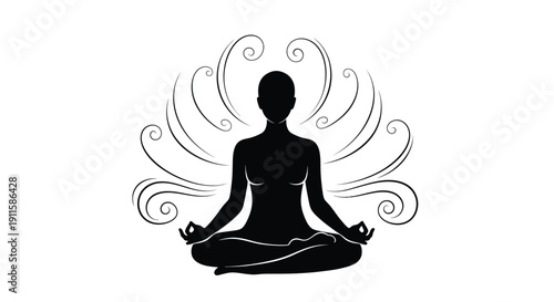 Silhouette of a woman meditating peacefully in the lotus position with swirling decorative energy