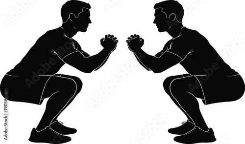 Man performing fitness squats silhouette set, lower body strength training exercise, workout motivation icons, cad drawing flat vector illustration, isolated on white