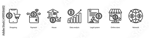 Online Shopping web banner illustration featuring Shopping, Payment, House, Data analysis, Legal system, Online store, and Network.