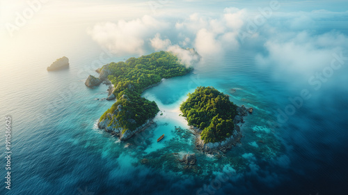Aerial view of lush islands surrounded by turquoise waters, showcasing vibrant vegetation and serene beaches