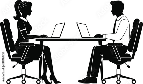 Professional businessman and businesswoman sitting at office desk working on laptop computers cad drawing flat vector illustration for corporate workplace and productivity concept