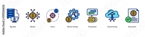 Bitcoin and Big Data web banner vector illustration featuring Big data, Bitcoin, Focus, Bitcoin mining, Transaction, Cloud mining, and Document.
