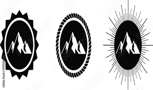 Mountain peaks silhouette badge collection with sunburst and rope frames, outdoor adventure emblem set, cad drawing flat vector illustration, isolated on white background