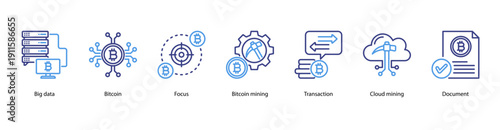 Bitcoin and Big Data web banner vector illustration featuring Big data, Bitcoin, Focus, Bitcoin mining, Transaction, Cloud mining, and Document.