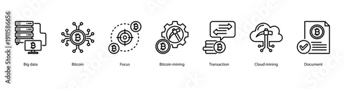 Bitcoin and Big Data web banner vector illustration featuring Big data, Bitcoin, Focus, Bitcoin mining, Transaction, Cloud mining, and Document.