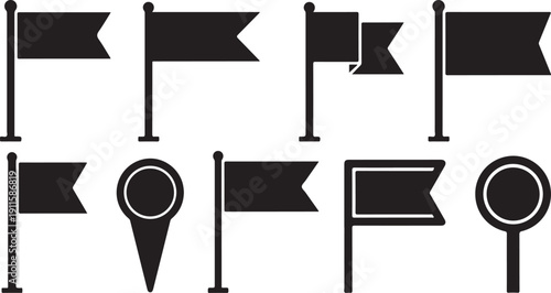 Black and white flags and banners on poles icons