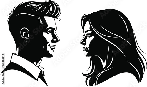 Romantic couple profile silhouette of man and woman looking at each other with love cad drawing flat vector illustration for relationship and dating