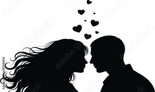 Romantic couple silhouette set of man and woman with hearts for valentines day celebration cad drawing flat vector illustration for wedding card design