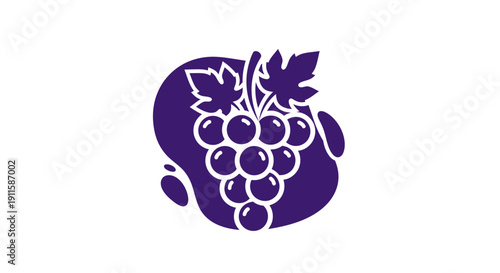 Purple logo with stylized grape illustration and leaves.