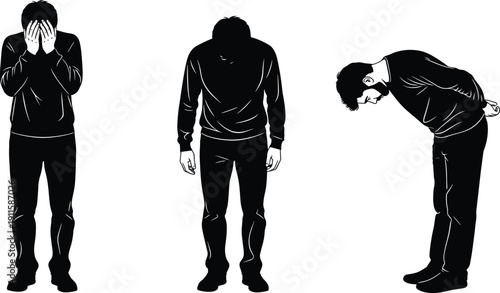 Sad man silhouette feeling depressed crying and bowing head in shame or regret cad drawing flat vector illustration for mental health awareness concept