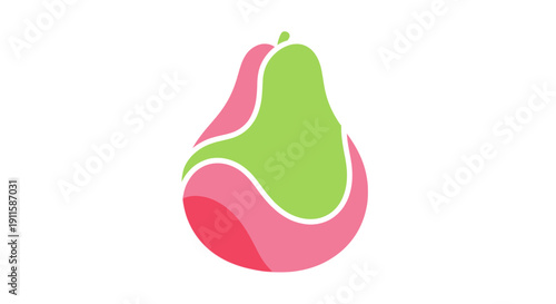 Stylized illustration of a pear fruit in pink and green hues.