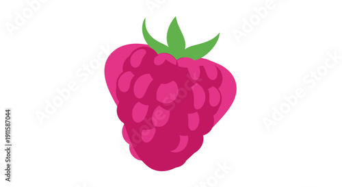 A vibrant digital illustration of a ripe raspberry with green leaves.