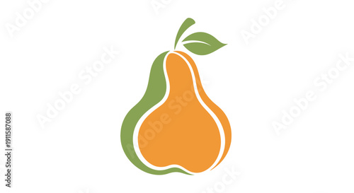 Stylized orange pear with green leaf illustration.