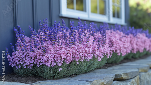 Vibrant pink and purple flowers line a garden path, creating a picturesque scene with a backdrop of a charming house