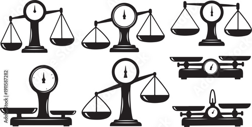 Set of various balance scales and weights icons black
